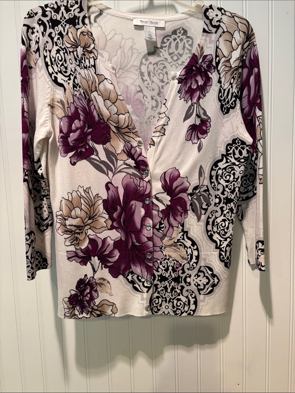 White House Black Market Cardigan with Purple and Black  Floral Pattern Sz S